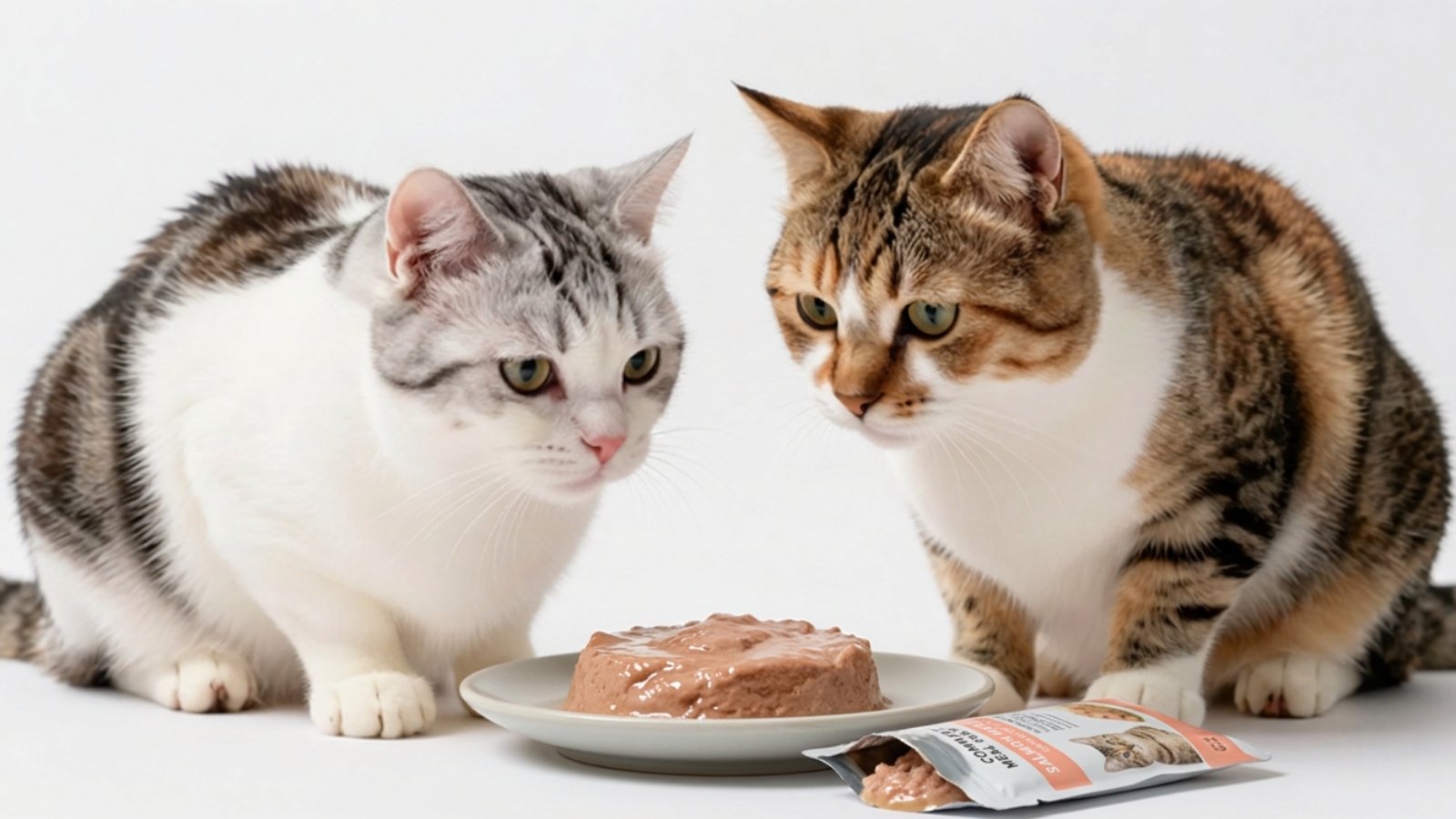 Dois gatos de pelagem rajada e branca observam um prato com uma porção de alimento úmido, com um sachê aberto ao lado.