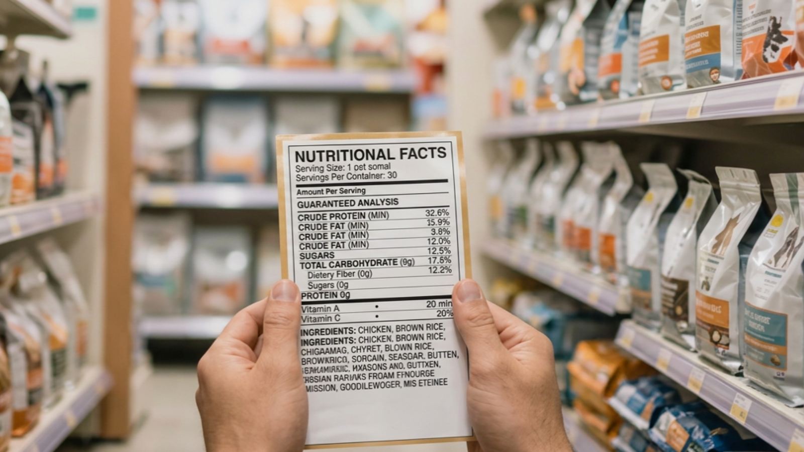 Mãos segurando o rótulo de informação nutricional de um pacote de ração, em um corredor de petshop com prateleiras de sacos de ração ao fundo.