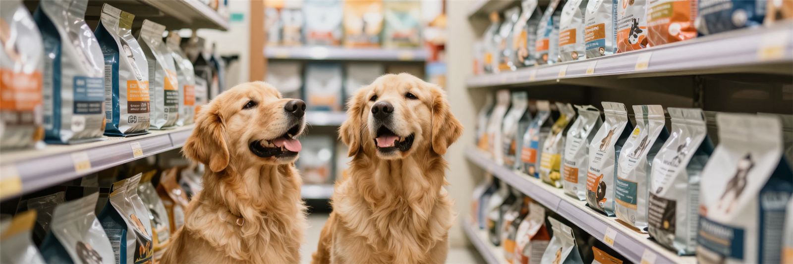 Dois cães da raça golden retriever sentados em um corredor de petshop, cercados por prateleiras de pacotes de ração.