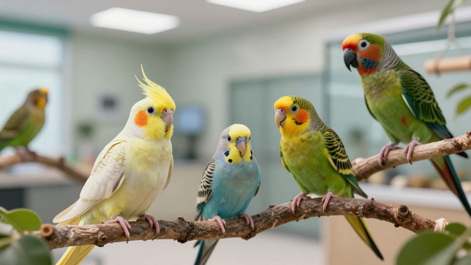 Uma calopsita e periquitos empoleirados em um galho dentro de um consultório veterinário.