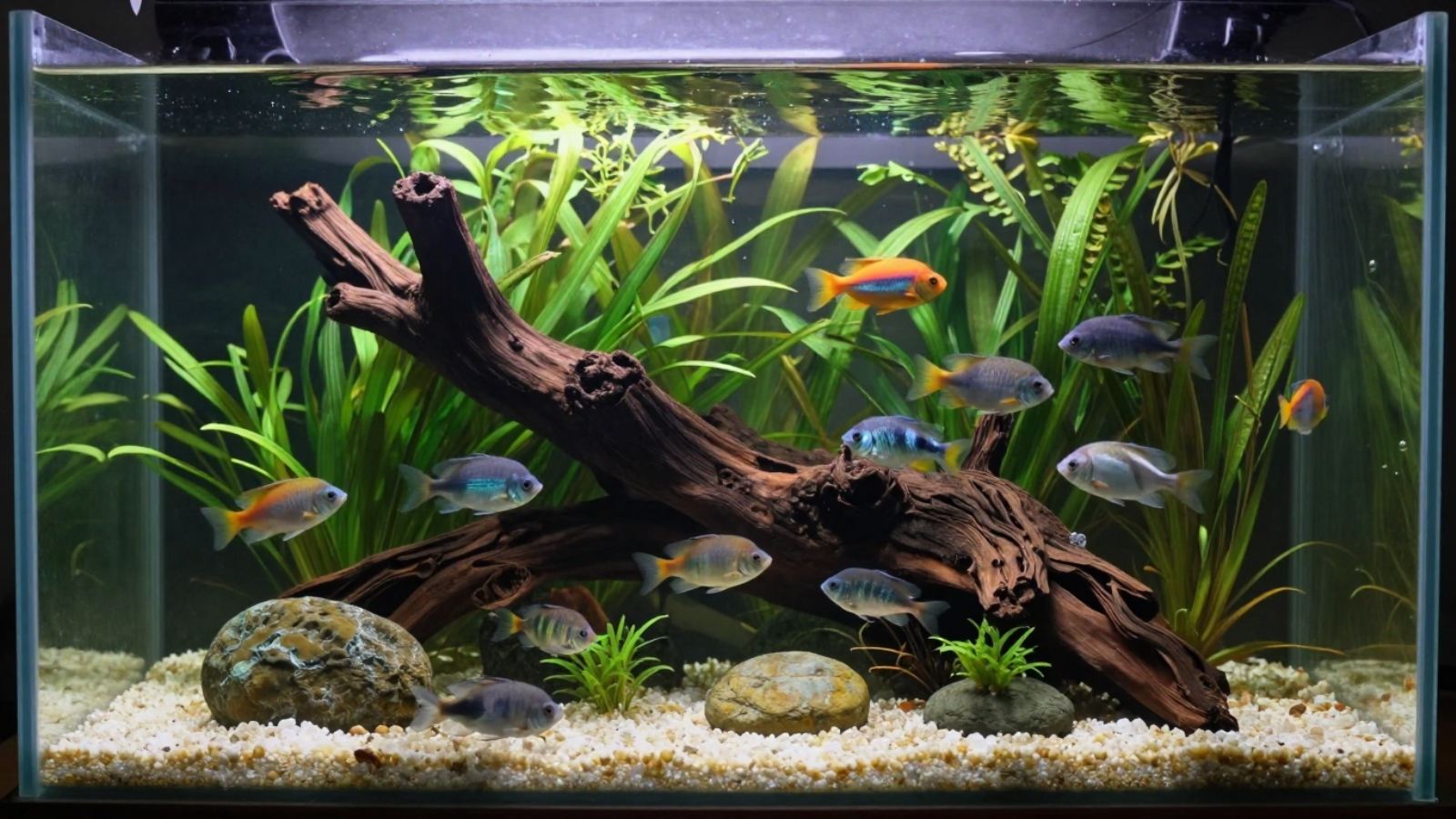 Aquário plantado com tronco decorativo, pedras e um cardume de peixes ornamentais coloridos nadando entre as plantas.