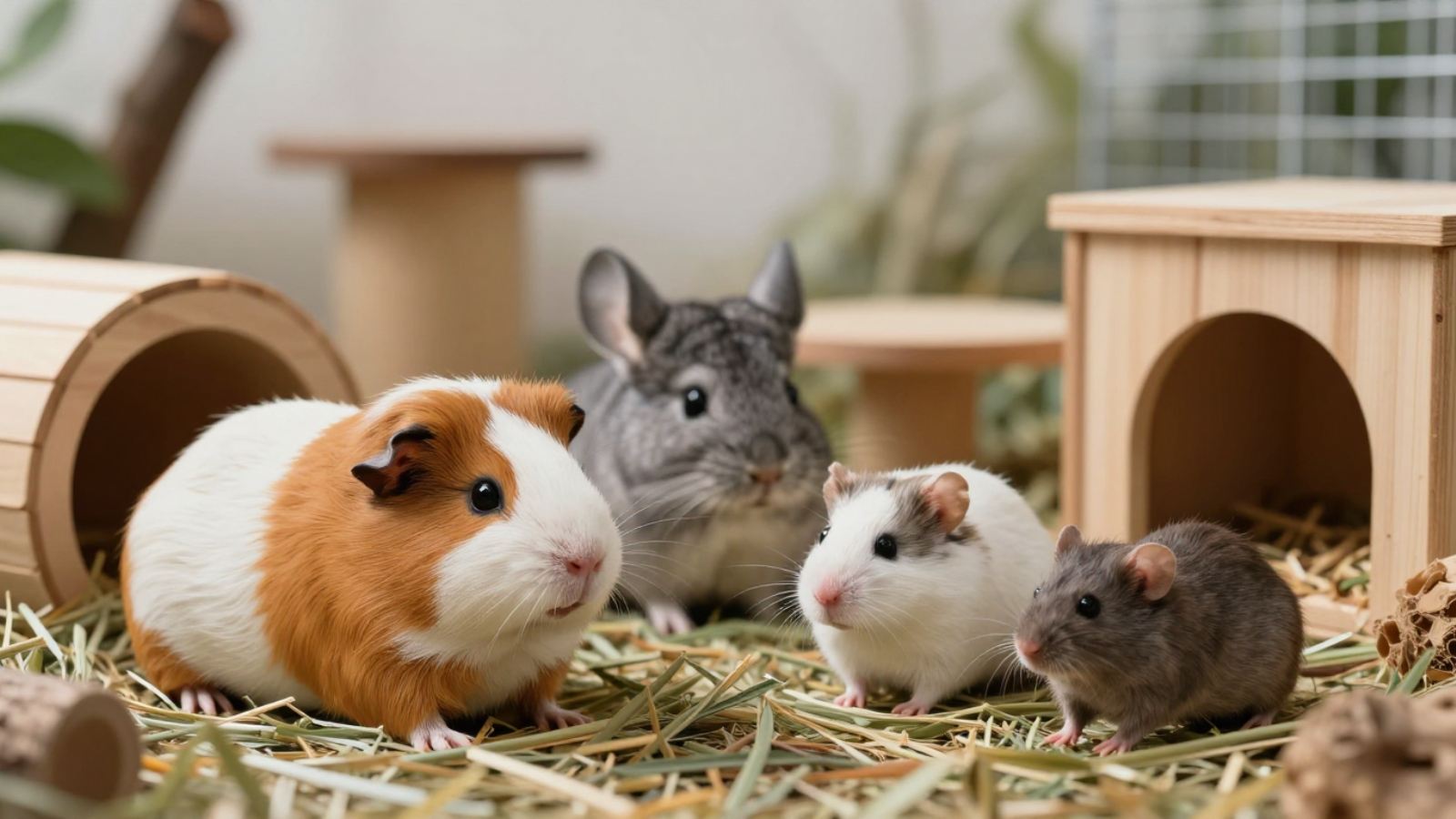 Um porquinho-da-índia, uma chinchila, um hamster e um rato juntos sobre feno, cercados por casinhas de madeira.
