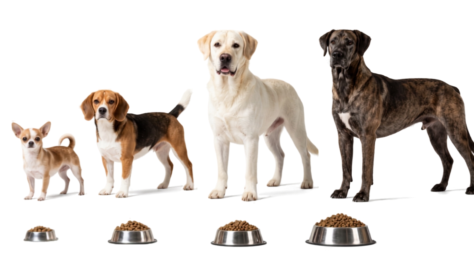 Quatro cães enfileirados em ordem crescente de porte, do menor ao maior, cada um com uma tigela de ração à frente. As tigelas aumentam de tamanho na mesma ordem dos cães.