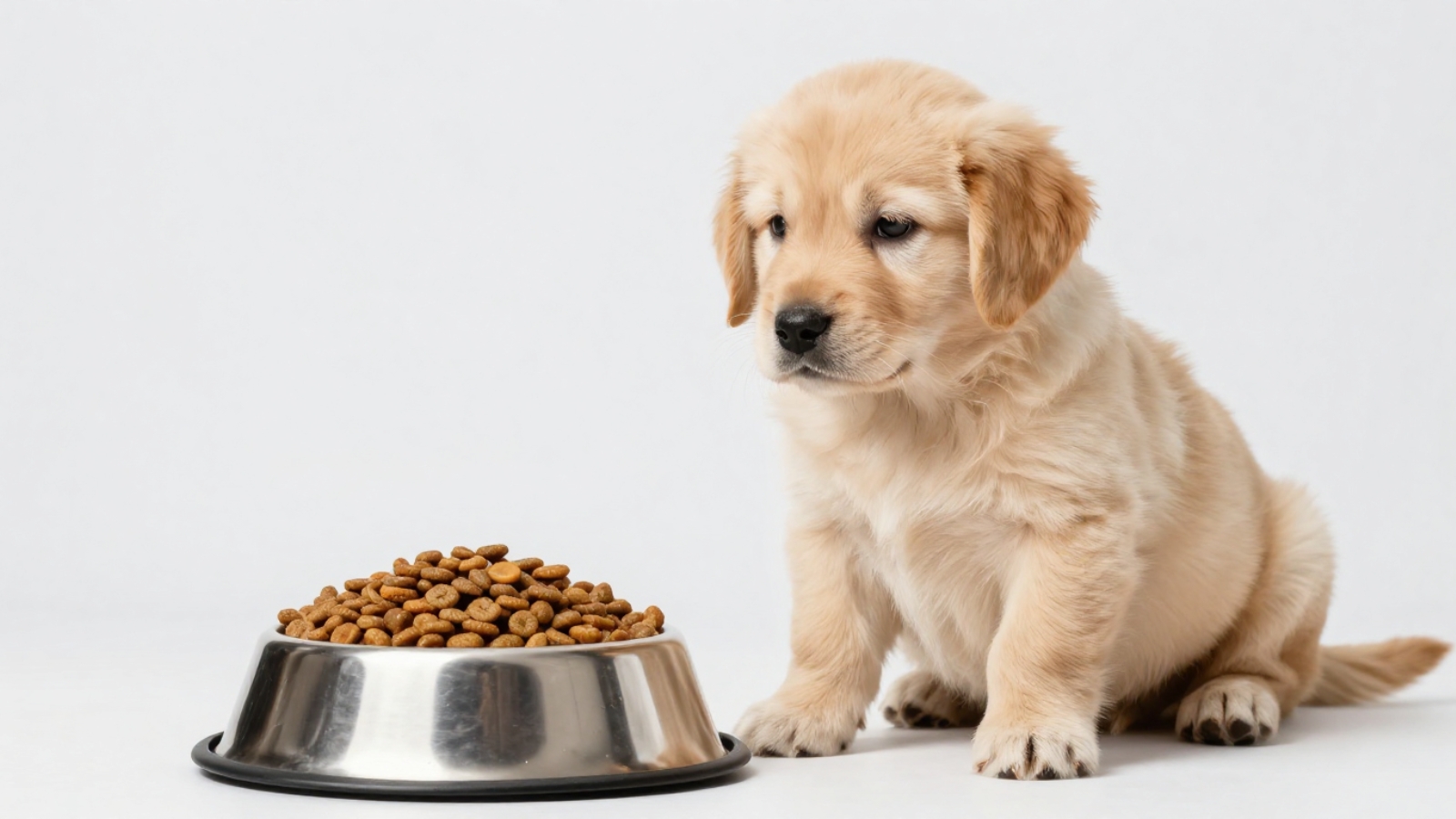 Filhote de golden retriever sentado ao lado de uma tigela de inox cheia de ração seca, sobre fundo branco.